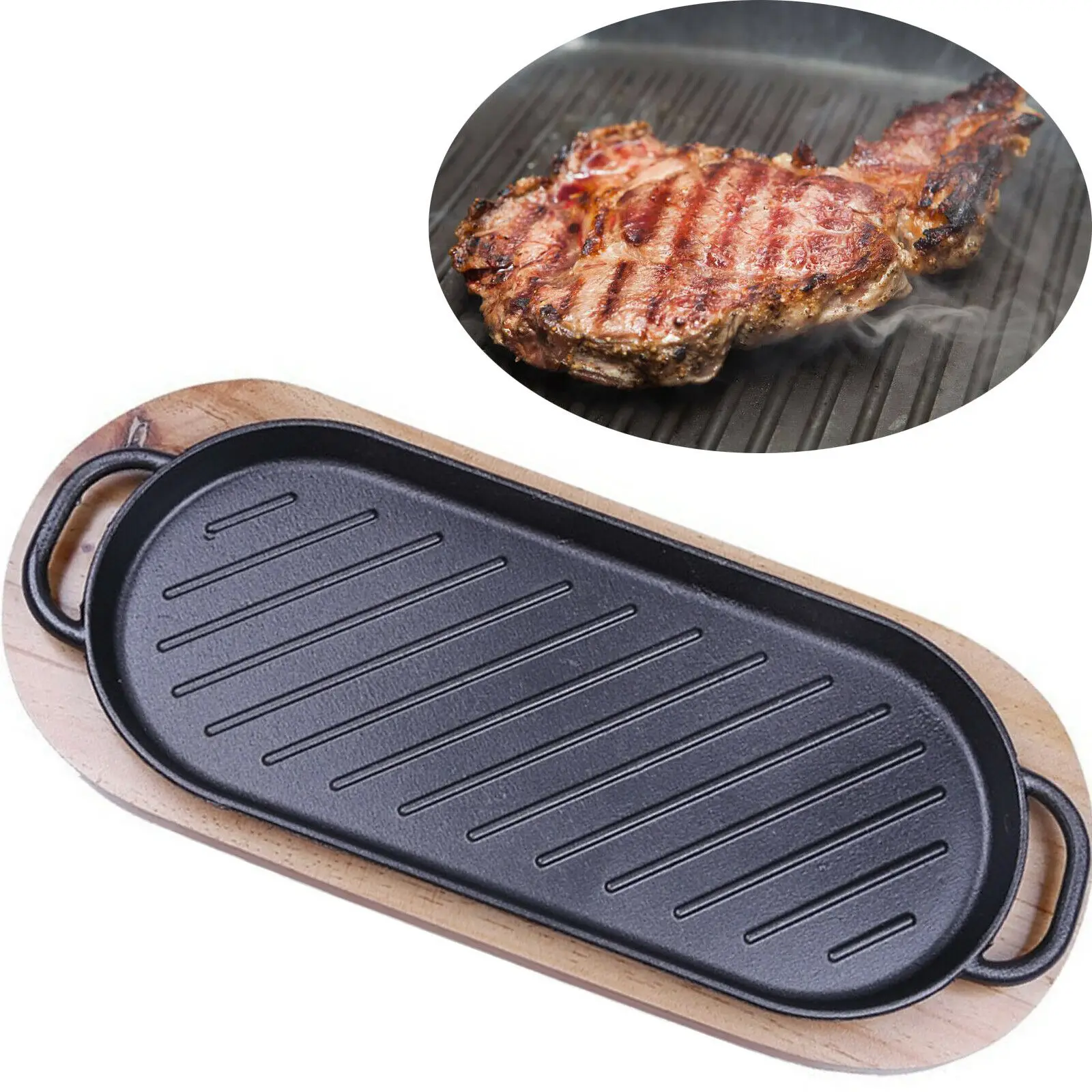 Cast Iron Non-Stick Frying Enamel Pan Grill BBQ Skillet Reversible Griddle Plate 