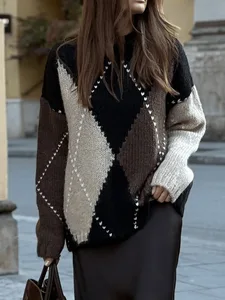 Cross-border Women's Autumn New Loose Casual Crewneck Diamond Pattern Computer Knitted Polyester Sweater Long Sleeve Tops