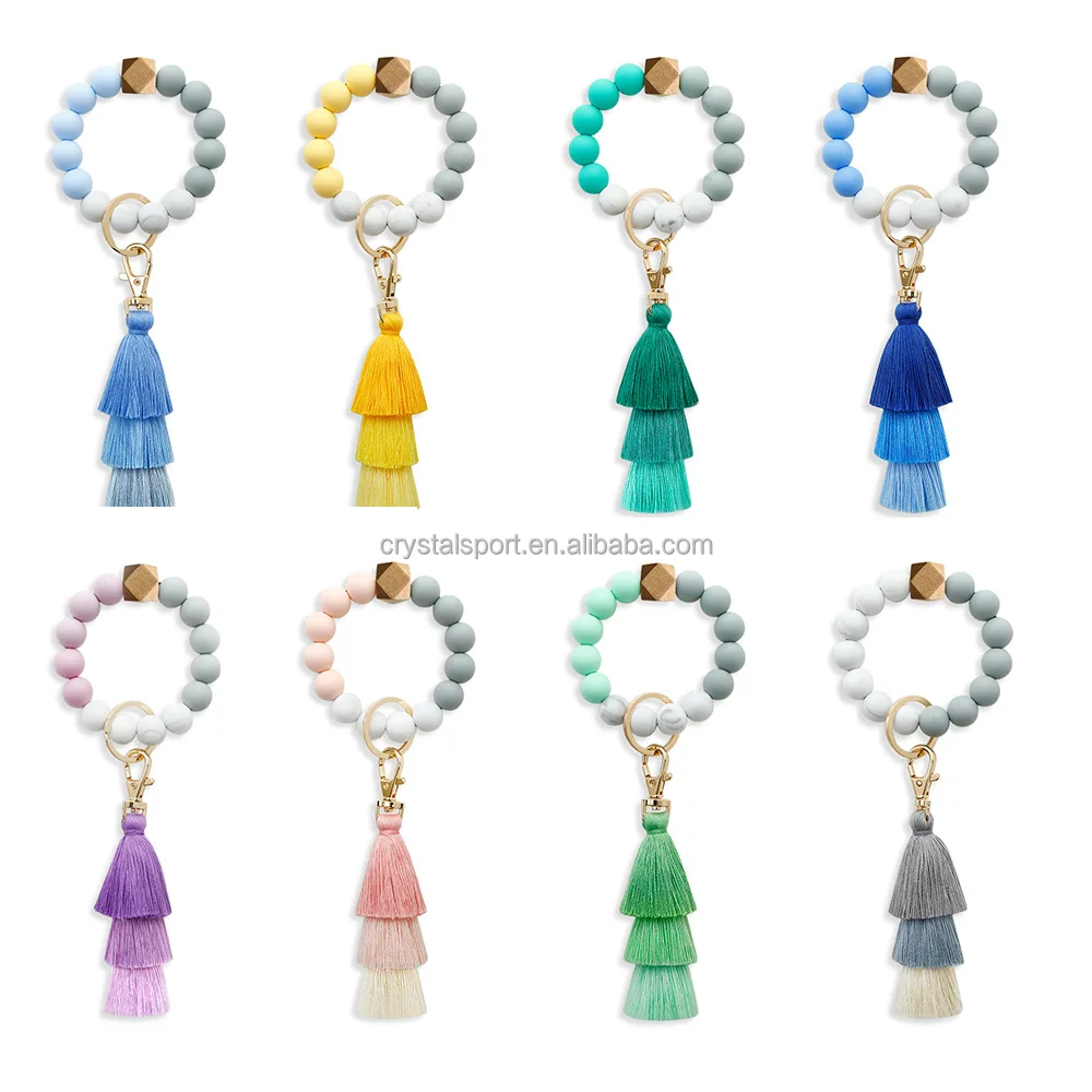 Silicone Wood Bead Bracelet Keychain Tassel Keyring Pendant Buy