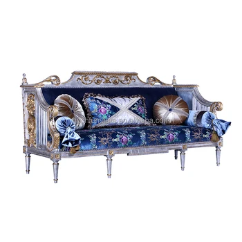 Buckingham Palace / French hand carved royal blue embroidered flowers pure solid wood three seat sofa combination set