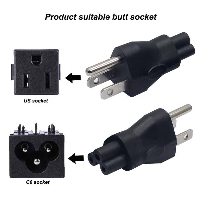IEC 320 C6 US Male Mickey Mouse Power Adapter Industrial Plug C6 Micky 3pin Male US Socket Rated Current 10A NEMA 5-15P Plug