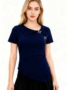 High Quality Fashionable Asymmetrical Elegant Cropped Shirts Slim Fit Ribbed Design Short Sleeves Bow Shirt