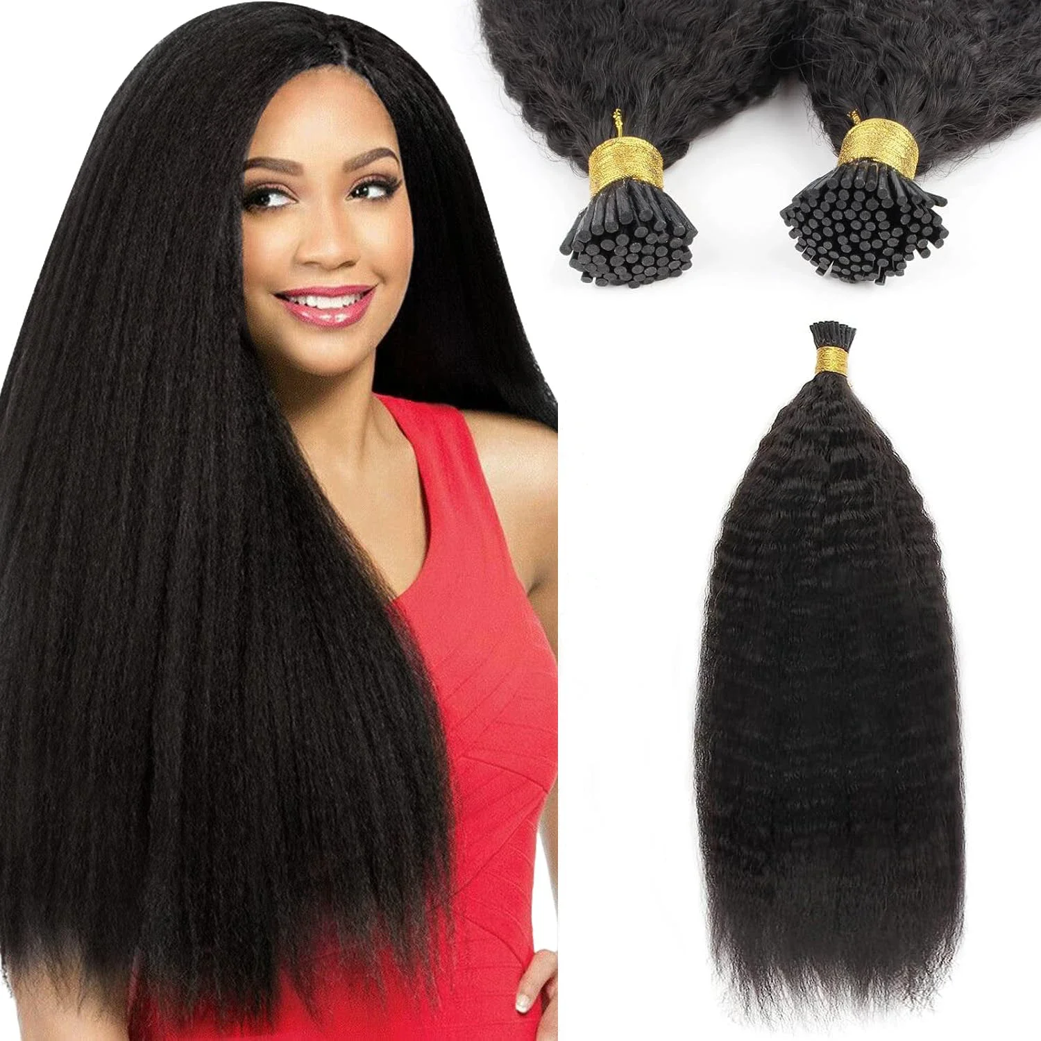 Extensions de cheveux humains crépus raides I Tips couleur noir naturel #1B cheveux brésiliens vierges 100 % vrais cheveux humains 50 mèches 50 g/paquet_voghion.com
