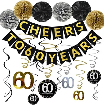 Geburtstags-Banner 'Cheers To 60 Years' – Vorgefädelt, Goldener Glitzer, Ca. 3 M Lang | Für 60. Geburtstag Oder Hochzeitstag