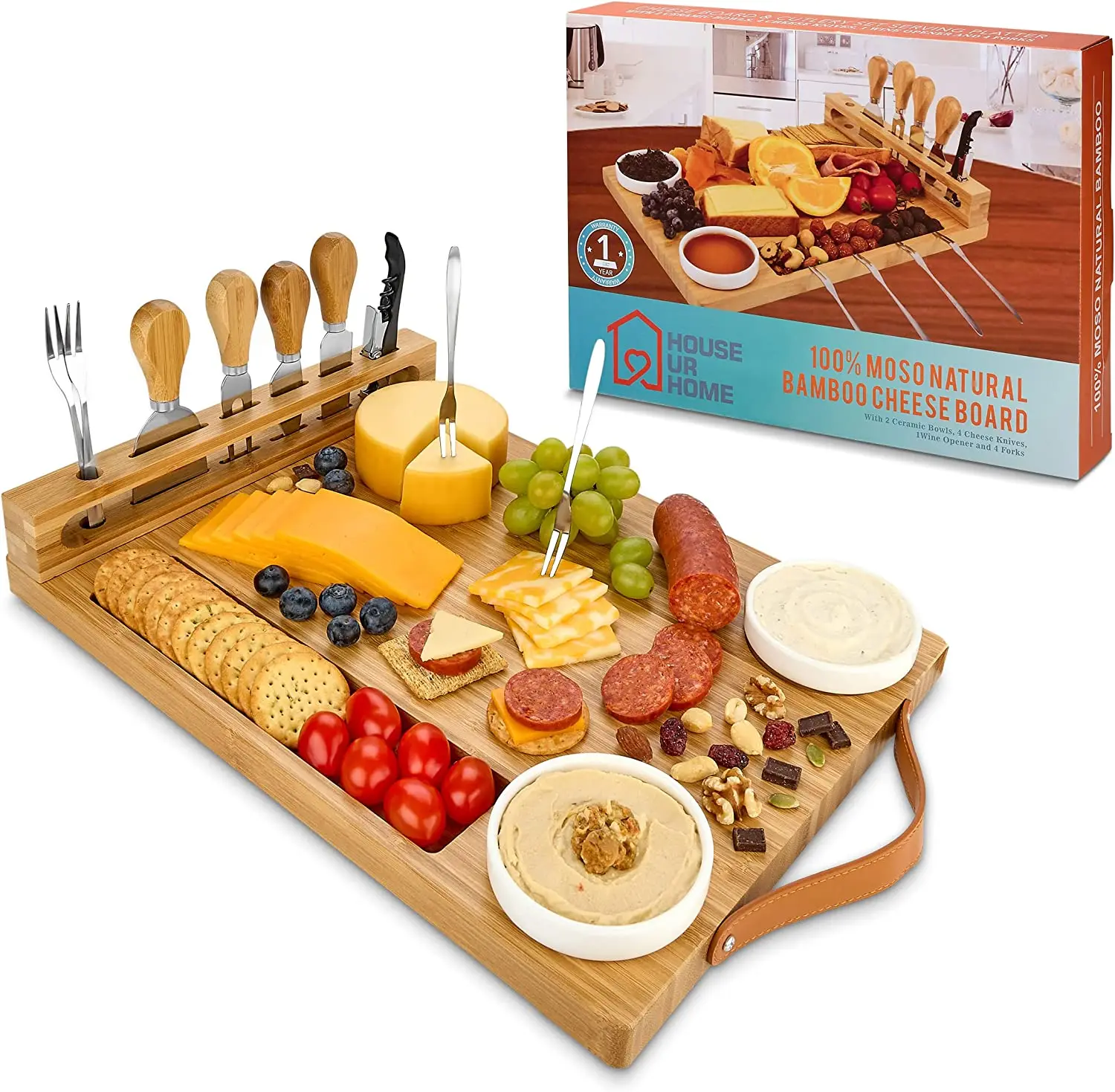 Bamboo Cheese Board with Knife Set, Wine Opener, Ceramic Bowls & Forks Gifts for Housewarming, Weddings & Anniversaries