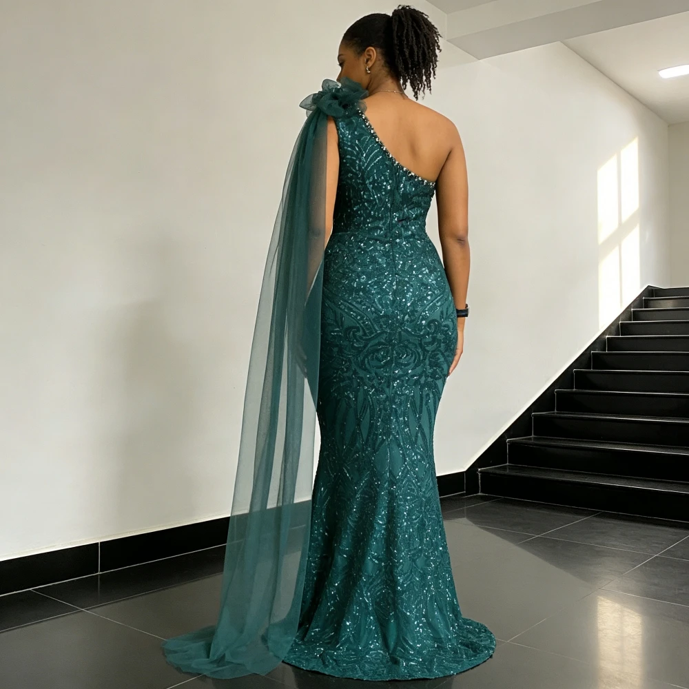 Green Women's Evening Dresses Women Fashion Blingbling One-shoulder  Floor-length Dress With Shoulder Strap