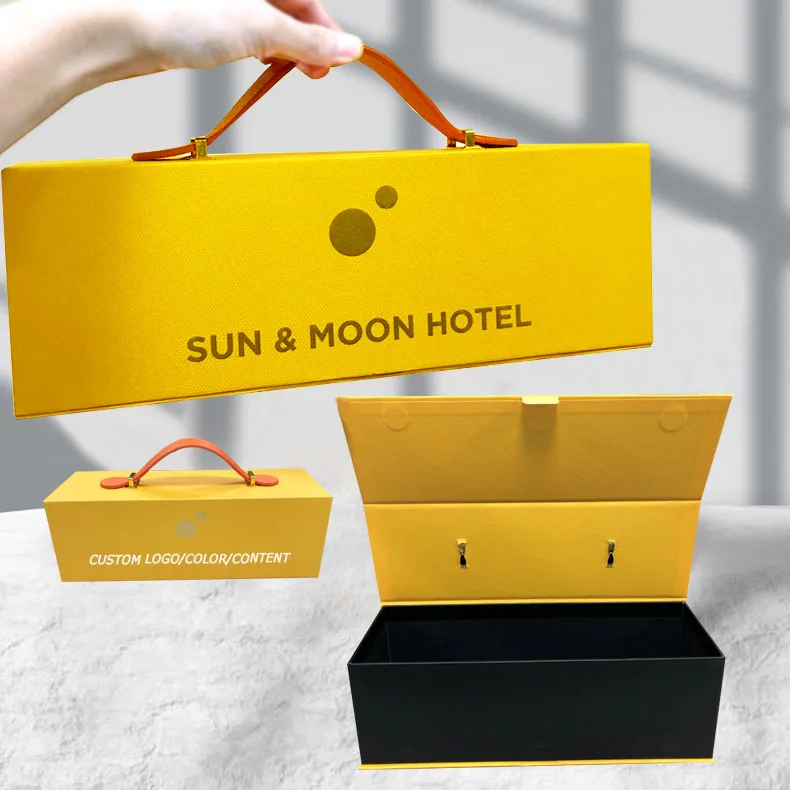 Luxury Yellow Textured  Paper Cardboard Box Packaging Printed Logo Magnet Closure Lid Gift Box With Pu Leather Handle