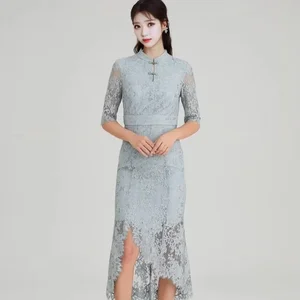 2026F/W Top Trend Women's Luxury Fashion Heavy Embroidery Chinese Cheongsam Slim Stand Collar Short Sleeve Zipper Fishtail Dress