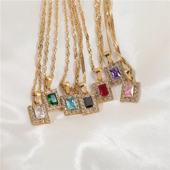 Joolim Jewelry Gold Plated Luxury Blue Emerald Clear Pink Purple Zirconia Rectangle Stainless Steel Crystal Stone 18K Necklace