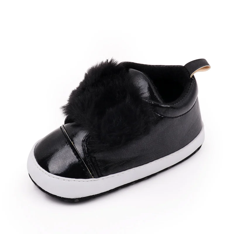 Bright PU Leather Plush Hook and Loop Solid Color Baby Girls Cute Soft Soled Toddler Shoes factory