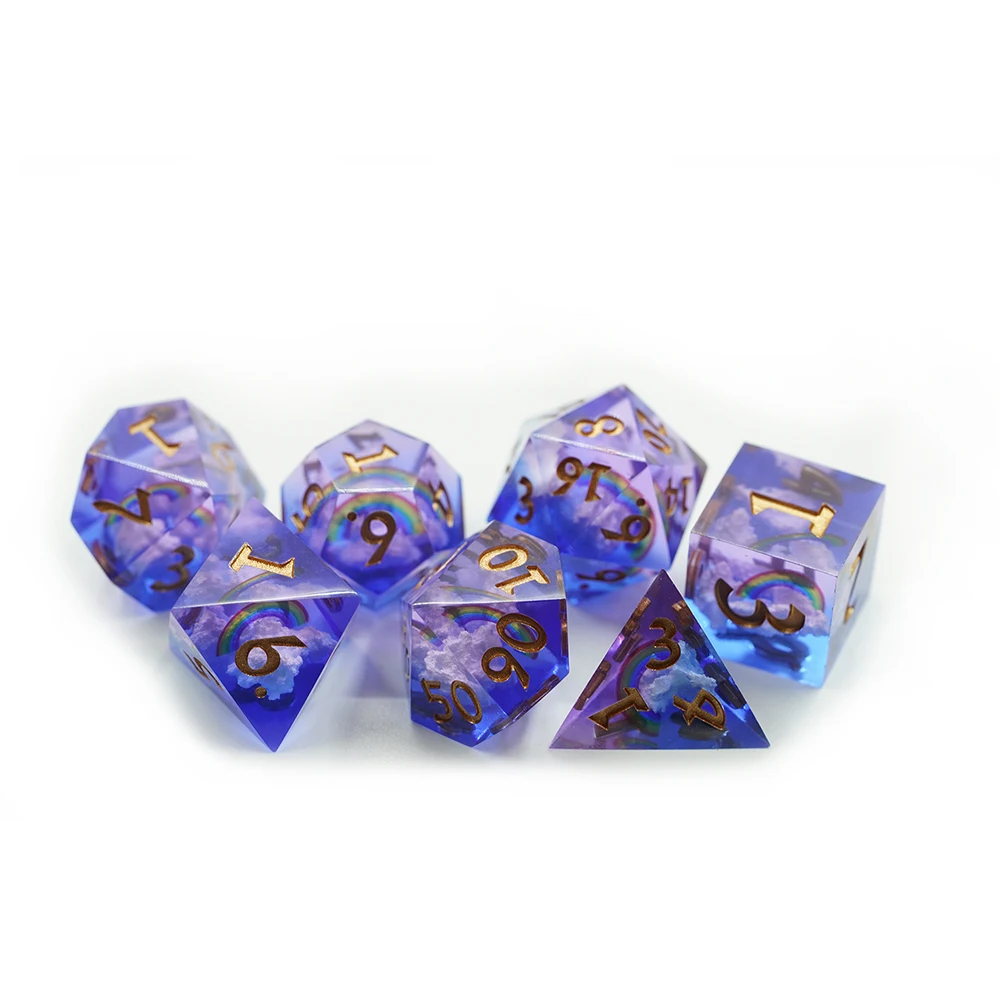 Rainbow and Clouds Resin DND Dice Set Core Sharp Edge DICE with Gold Number manufacture