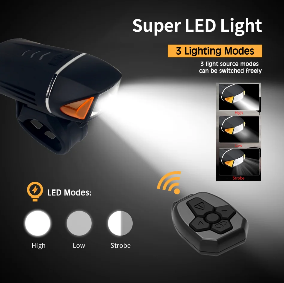 RTS Bicycle Front Light USB Rechargeable Led 120dB Horn Siren Wireless Remote Control Bike Light Alarm