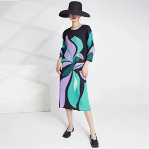 2025 Newest Miyake Women's Casual Style Dress Long Sleeve Loose Pleated Elastic Printed Dress Natural Waistline Woven Fabric
