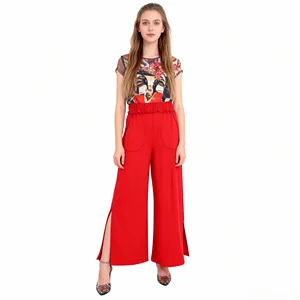 Women's Wide-Leg Autumn Trousers Mid-Waisted Regular Fit Casual Breathable Elastic Waist Ankle-Length Pants