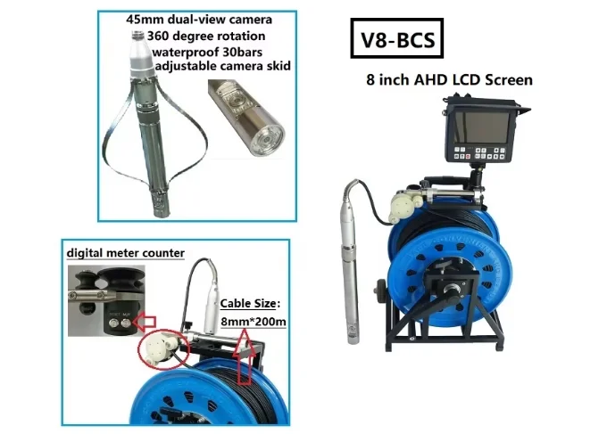 V8-BCS 2024热卖360度旋转双摄像机深井摄像机钻孔检查摄像机带计数器