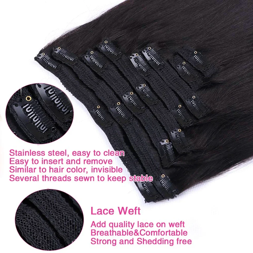 Clip in Hair Extension Human Hair 120G Natural Black Color Straight Brazilian Remy Hair for Women_voghion.com