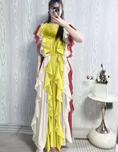 Lady-like Elegant Oversized Miyake Pleated Dress Plus Size Casual Color-Block with Ruffled Edges Loose Silhouette