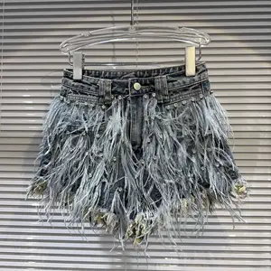 AELESEEN Women's High-Waist Streetwear Denim Pants Tassel Rhinestone Decor Cool Short Jeans Featuring Drawstring Washed Tassel