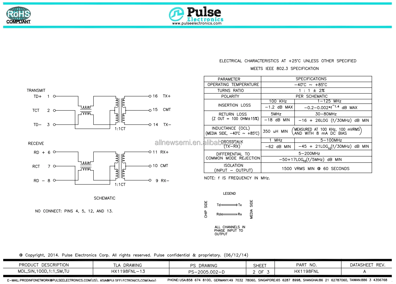 Hot sale Original HX1198FNL Pulse Transformer 350uH LAN 10/100 Base -T Pulse Transformer Transmitter 1CT Receiver Surface Mount