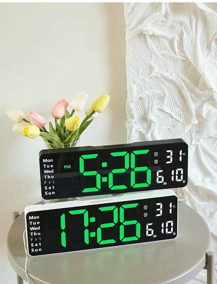 Large Wall Electrical Clock Calendar Day Digital Green Lede Wall Clock