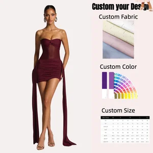 Summer New Women's Dress European American Style Casual Sexy Solid Color Mesh Stitching Slant Shoulder Pleated Slim Fit Dress