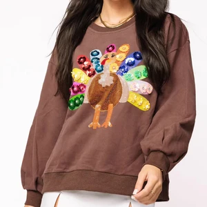 LYG Wholesale Custom New Design Thanksgiving Turkey Sequin Embroidery with Floral  Sweatshirt Crewneck Cotton Fashion Sweatshirt