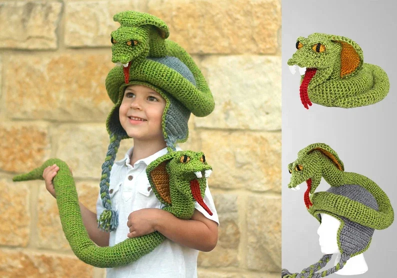 Crochet Cobra Hat & Toy Pattern Unisex Cool Snake Beanie & Amigurumi Stuffed Animal Easy Instructions Outdoor Party Kids Adults