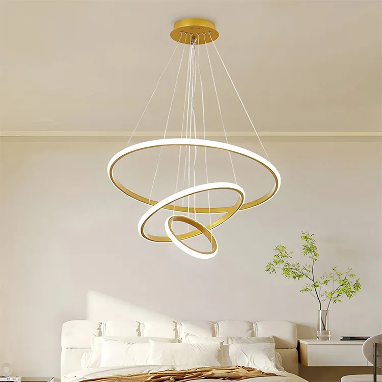 Suspension circulaire en aluminium rustique doré, de taille moyenne, pour plafond, avec LED blanche chaude 3500 K, destinée à l’usage en chambre à coucher