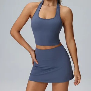 Women's Solid Cross-Border Two-Piece Sportswear Breathable Tennis Skirt Suit Elastic Waist Pocket Shorts for Outdoor Gym Sports