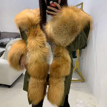 Winter Warm Ladies Real Fox Fur Parka Women Natural Raccoon Fur Jacket Coat