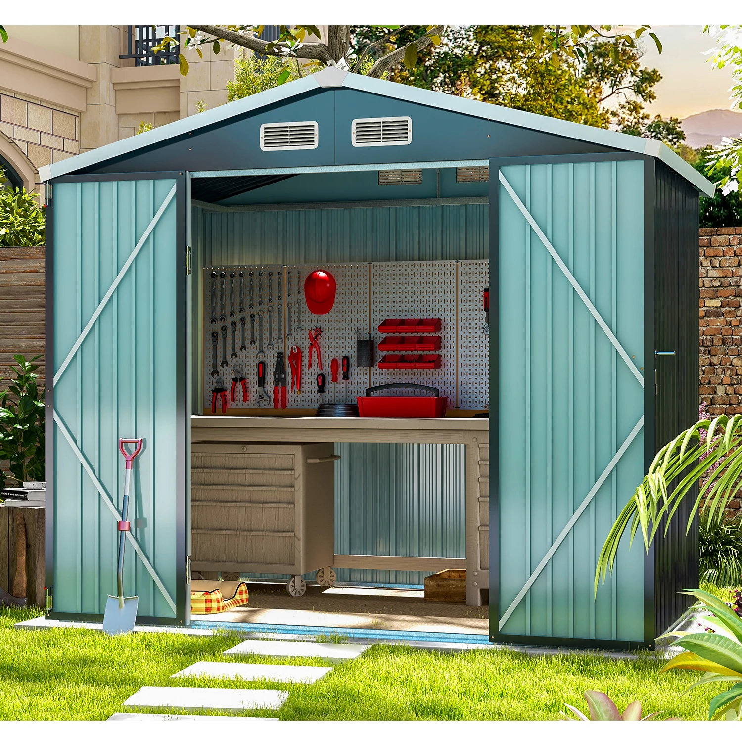 6*8ft Waterproof Outdoor Storage Shed Galvanized Steel Garden Utility Tool  Metal House Easily Assembled Outside Storage Unit