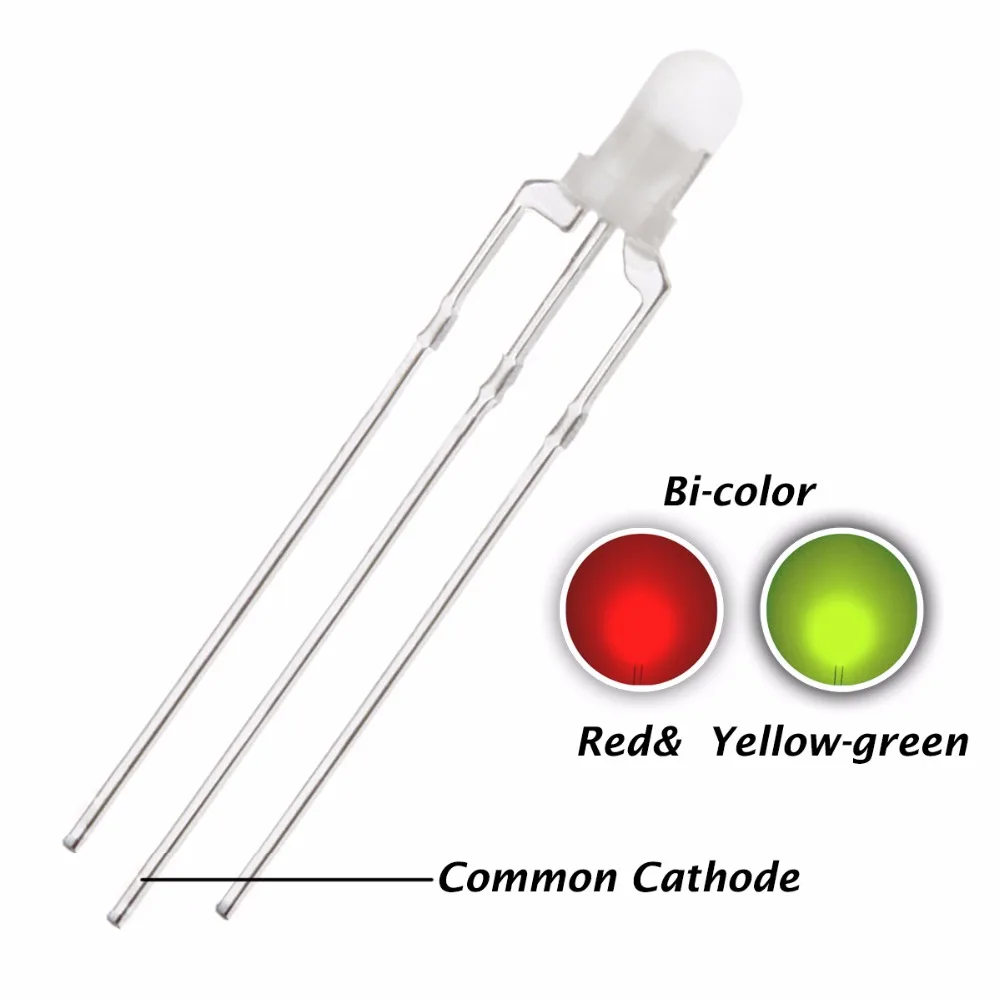 SMW 100pcs 3mm 3-Pin Bi-Color LEDs – Red & Green Diffused Common Cathode