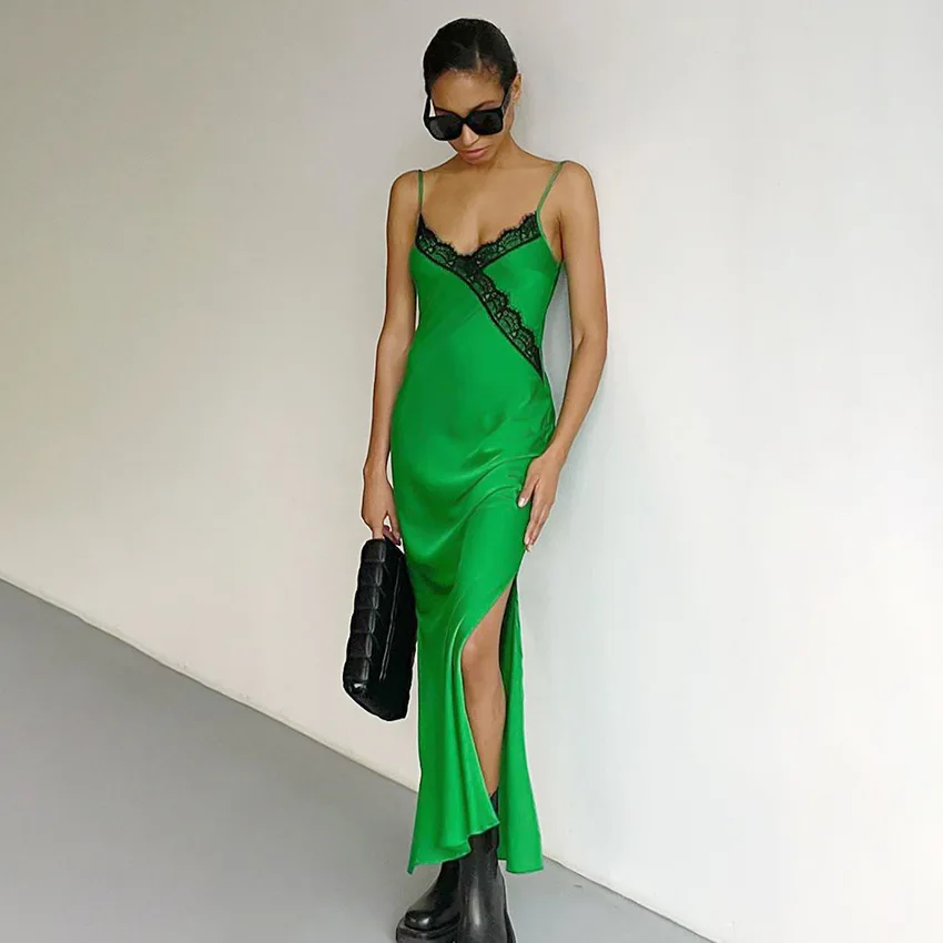 Custom Backless Maxi Dress Fashion Women Summer Sexy Strap Draped Neckline Side Seam Slit Satin