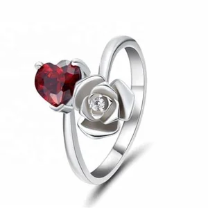 High Quality 925 Sterling Silver Romantic Rose and Garnet Engagement Rings  Open Adjustable Ring