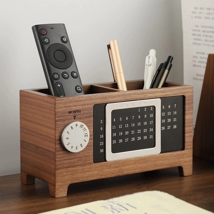 Multi-Function Calender 2 Compartment Dest Caddy Pen Storage Maple Pine Natural Wood Desktop Organizer Pen Holder