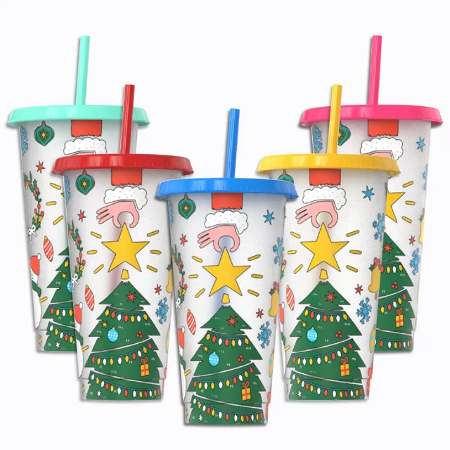 Cross border spot new high-value Christmas 710ML large capacity cold changing straw cup