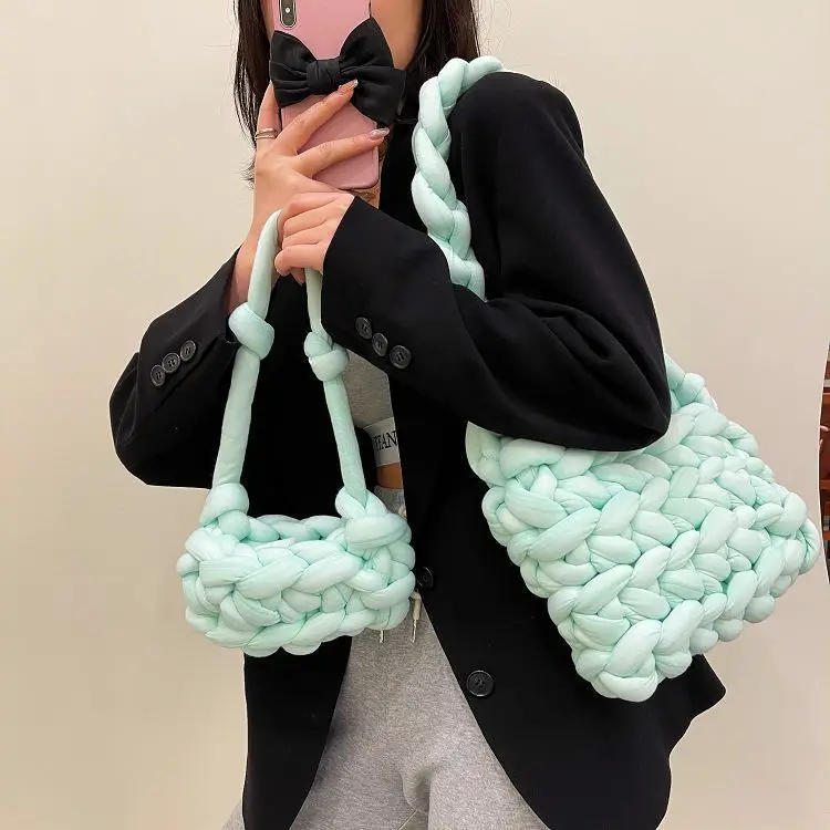 Korean INS Style Handmade Winter Solid Color Knitted Purse Yarn Material Soft Woven Crochet Shoulder Bag