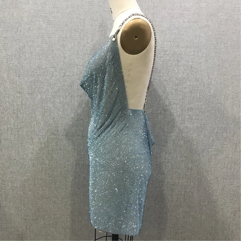 Party Metal Chain Shiny Blue Crystal Dress
