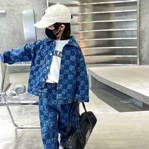 Customized Baby Boy Clothes Fashion Long Sleeve Turn Down Collar Denim Cartoon Print Jacket Trousers 2PCS Sets Clothes for Kids