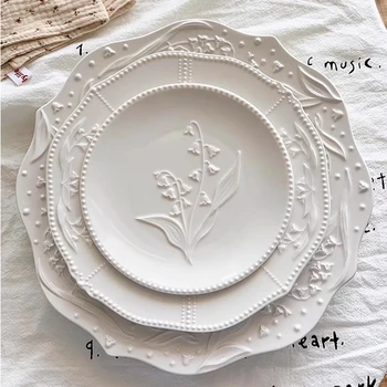 French Vintage Embossed Lily of the Valley Ceramic Plate, Pasta Plate, Fruit and Cake Plate, Dessert Plate