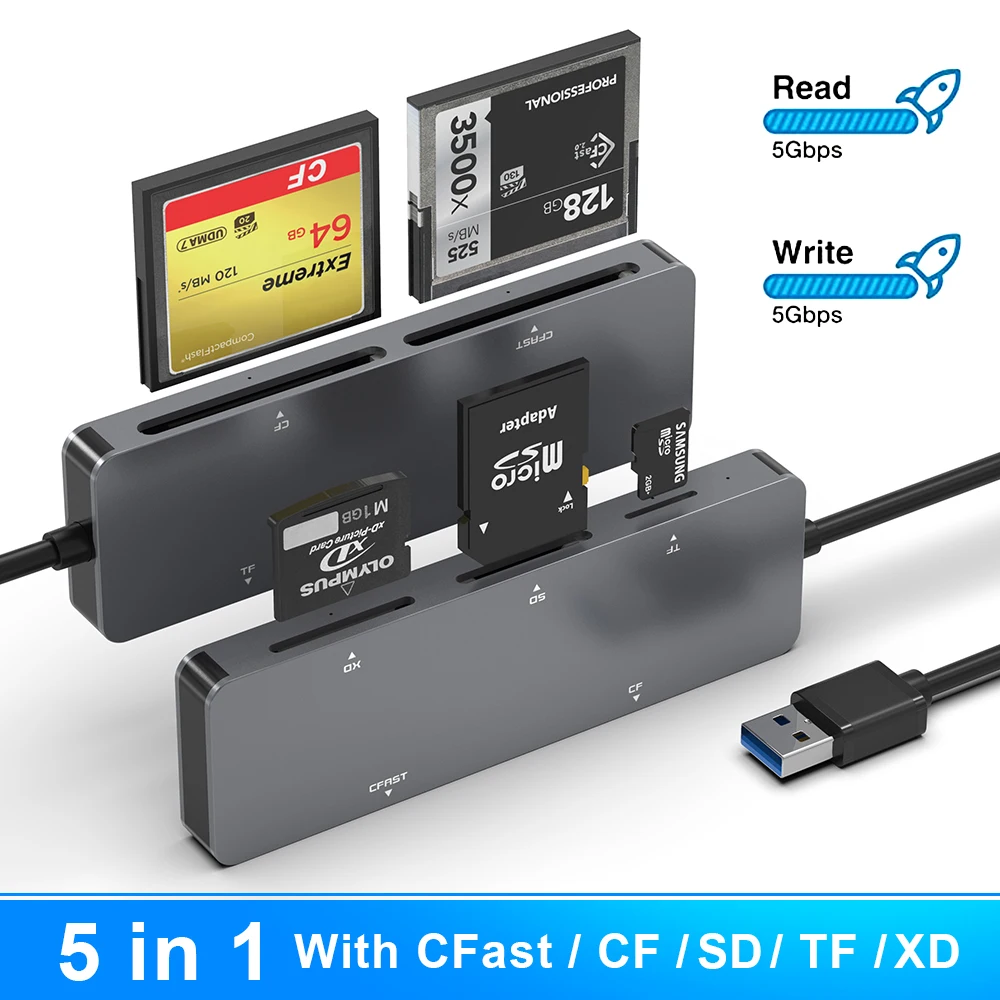 USB a to CFast High-Speed 5Gbps 5-in-1 Multi Card Reader/Writer External Installation Compatible with CF SD TF XD MMC Cards