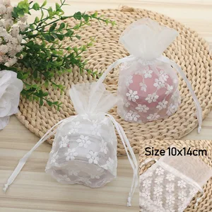 10x14 Creative New Style White Chiffon Embroidered Drawstring Tote Bag High Quality Christmas Gift Daily Use Makeup Package Bag