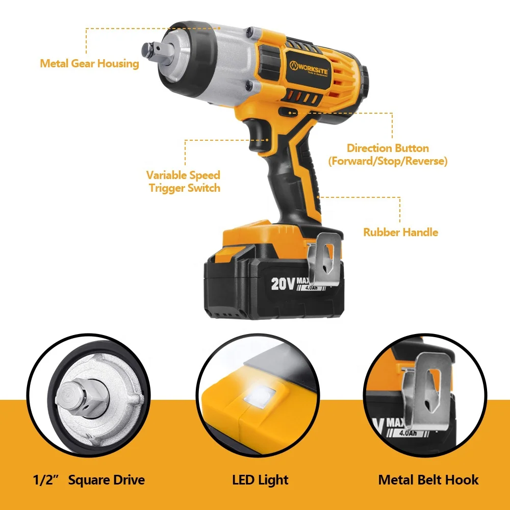 WORKSITE Brushless Impact Wrench Heavy Duty 3 Speed 20V Battery