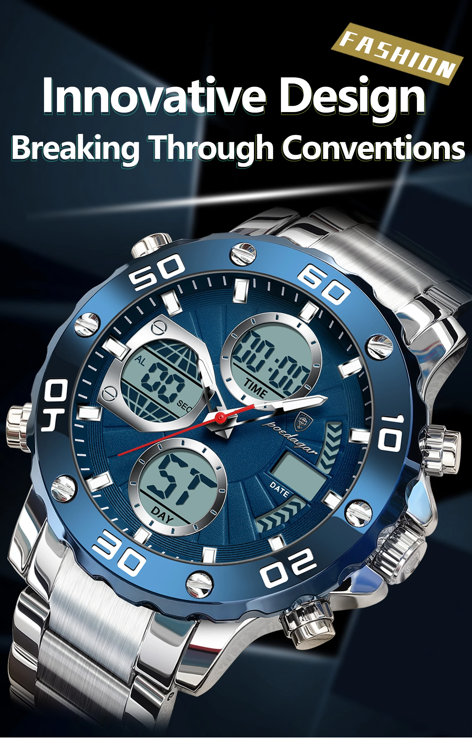 POEDAGAR E102 New Men Fashion Digital Quartz Movement Men Electronic Watches Led Dual  Display Luminous Stainless Watch for Male