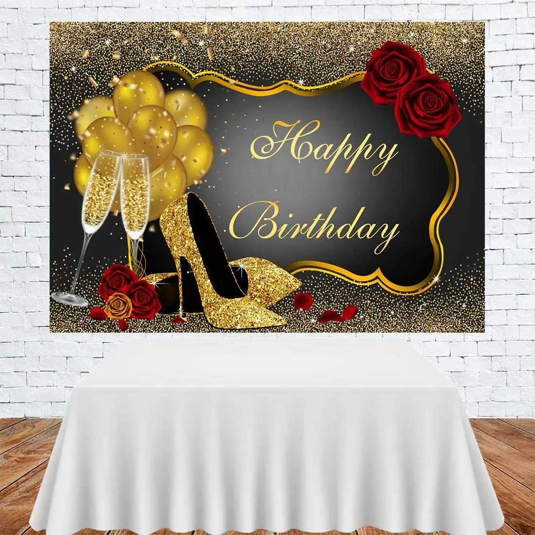 New Glitter Gold Happy Birthday Backdrop Red Rose Floral Golden Balloons  Heels Champagne Glass Background Women Birthday Party - Buy Champagne Glass  Background,Golden Balloons,Glitter Gold Party Photography Product on  