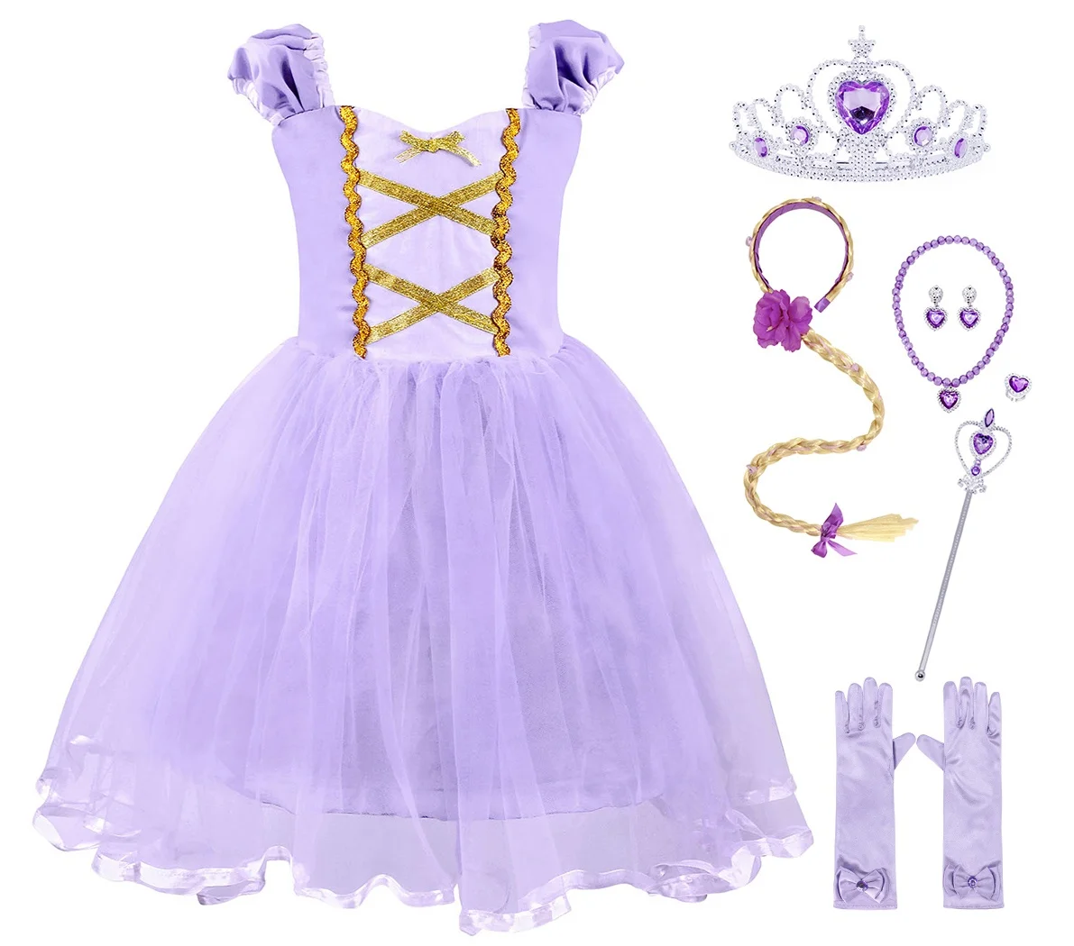 Disfraz de princesa Rapunzel para Halloween, peluca con diadema, enredados,  Carnaval, para niñas pequeñas, vestido de fiesta de fantasía