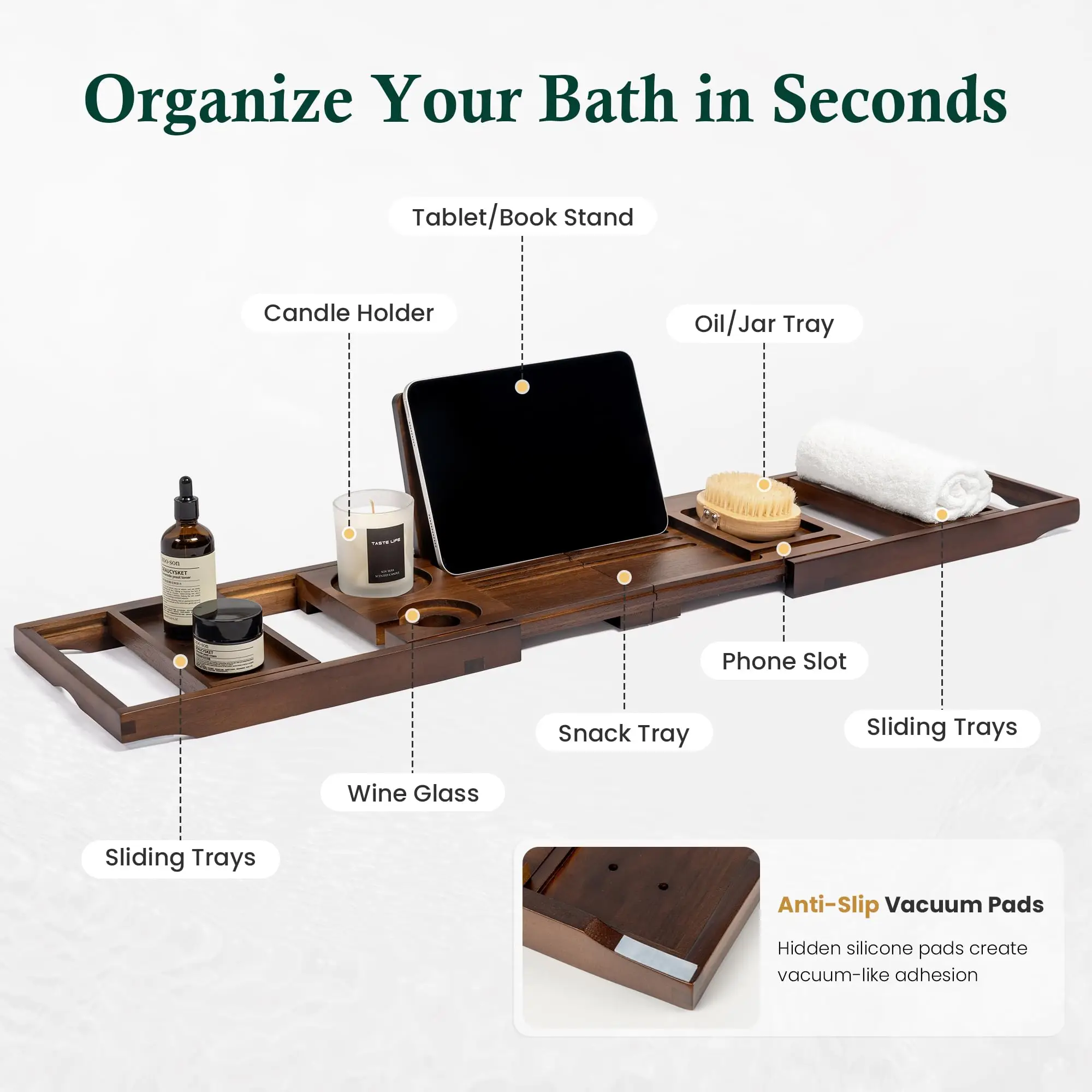 product expandable wood bathtub tray with wine glass holder bathroom stand bookshelf reading spa and relaxation experience for bathroom-5