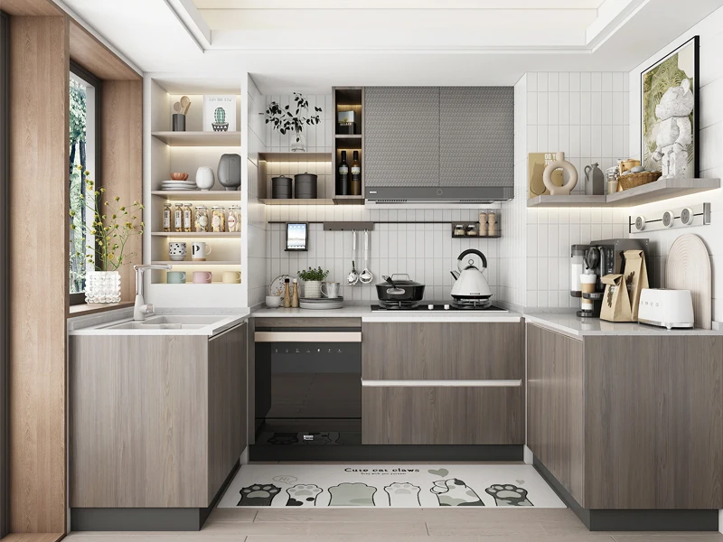 For OPPEIN American DIY Fitted Kitchen Veneer Melamine Cabinets Prefab Factory Direct Price Small Kitchen Plywood Carcase Sink