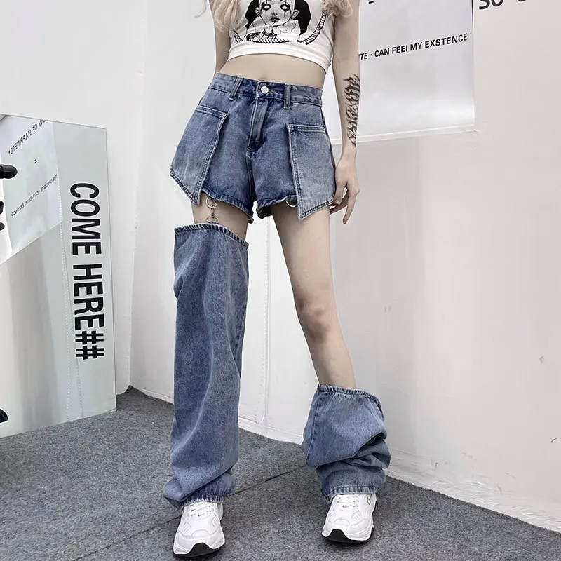 Custom Women's Hollow Design Detachable Bottom Denim Wide Leg Pants