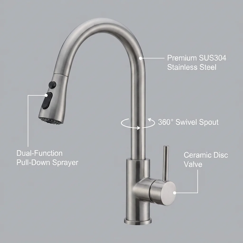 Chrome finish pull out spray kitchen faucet with high arc spout